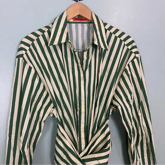 Simon Miller Loch Poplin Maxi Button Down Dress Striped Green Cut Out Large - Picture 3 of 15
